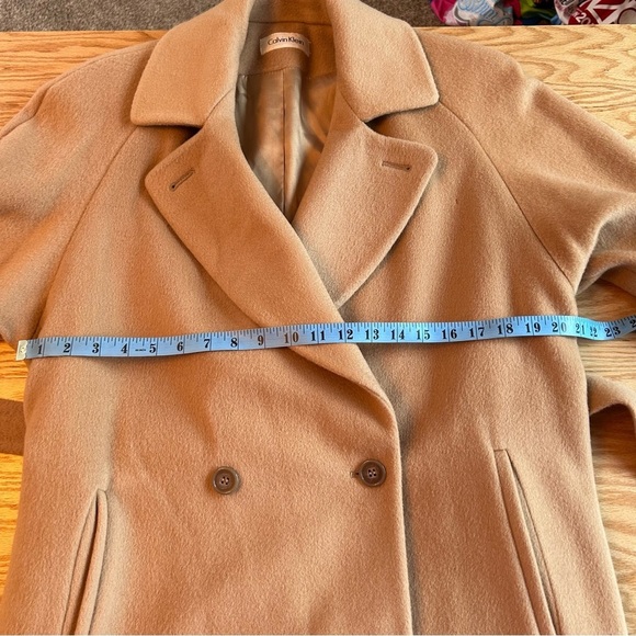 Calvin Klein Vintage 100% Wool Pea Coat Tan Waist Tie Two Button - Picture 12 of 15